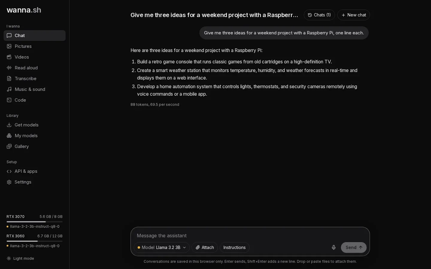 The Chat page: a conversation with Llama 3.2 3B, with model, attach and instructions controls under the message box.