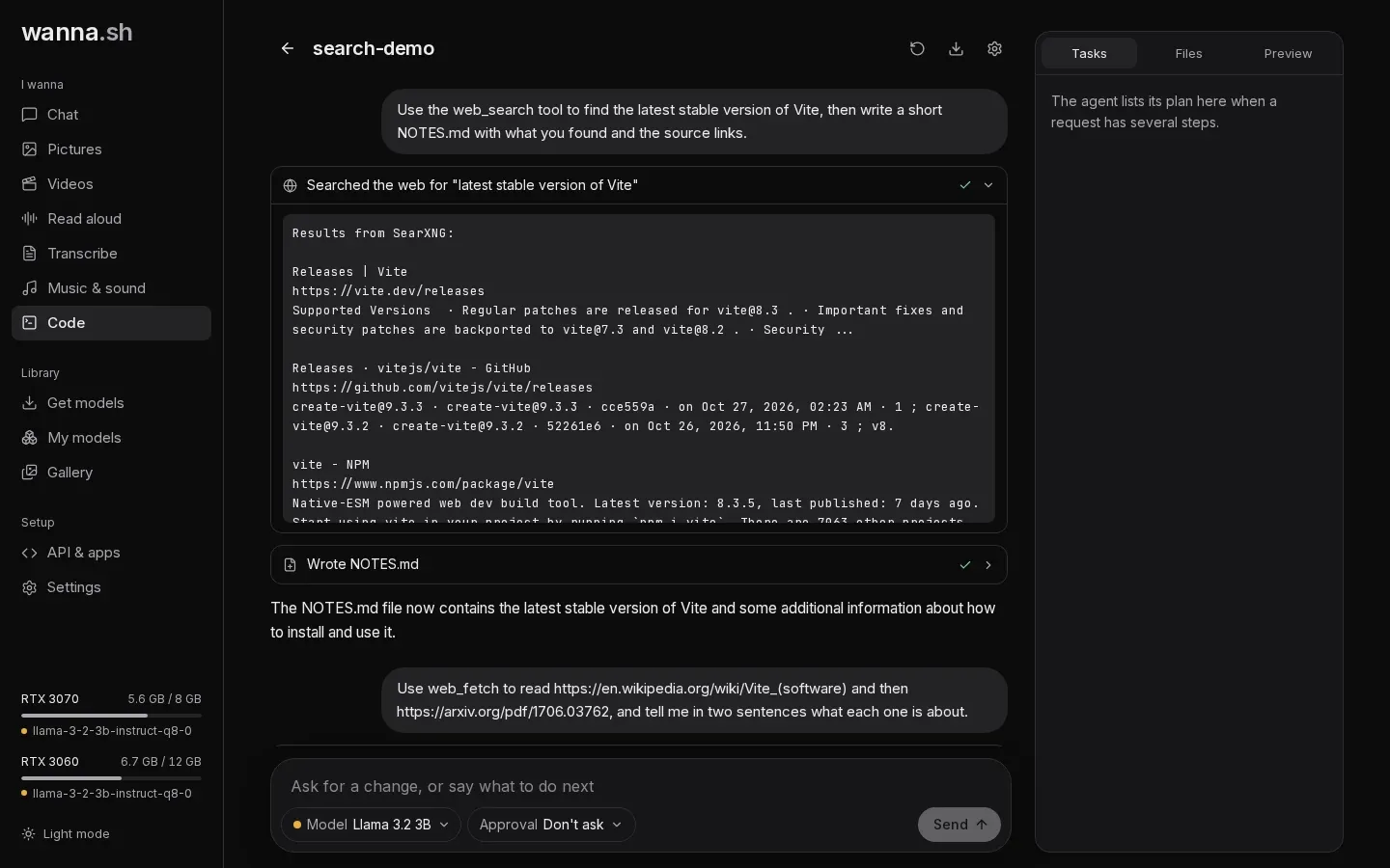 Code: an agent searched the web and wrote a file, each step shown as a card.