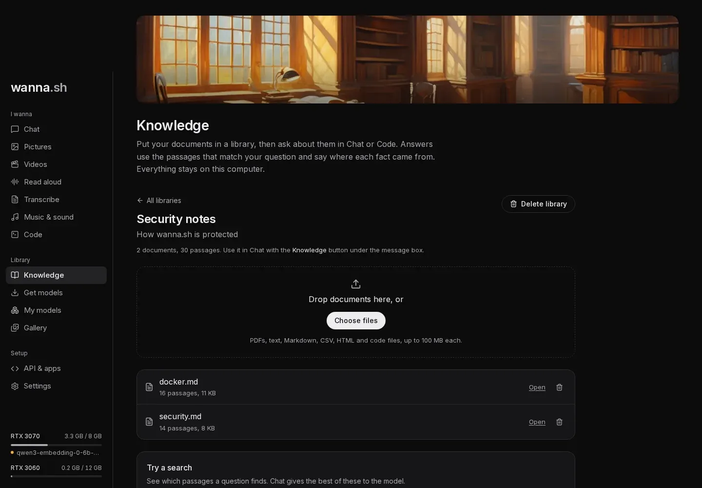 A library with two documents and a test search