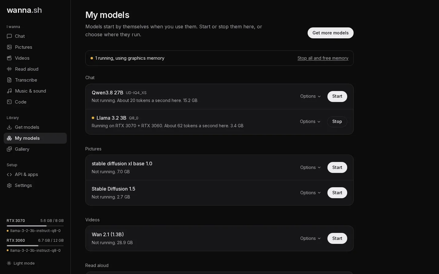 My models: where each model runs and how fast