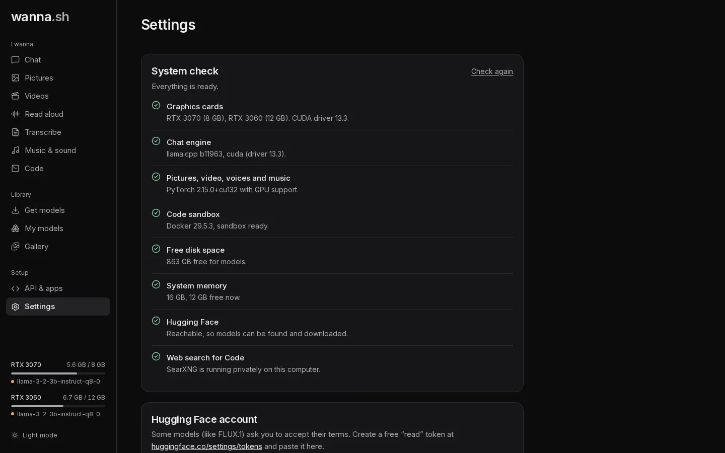 Settings, with the system check at the top